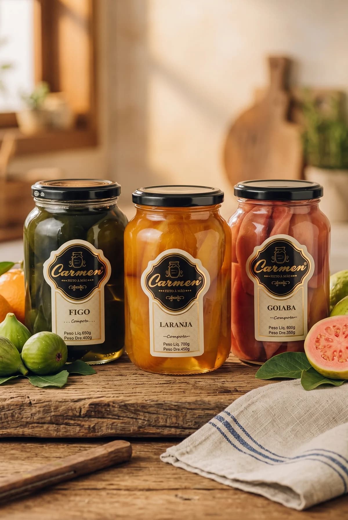 Figo, Laranja e Goiaba em Calda Doces Carmen sobre tábua de madeira, com as frutas
